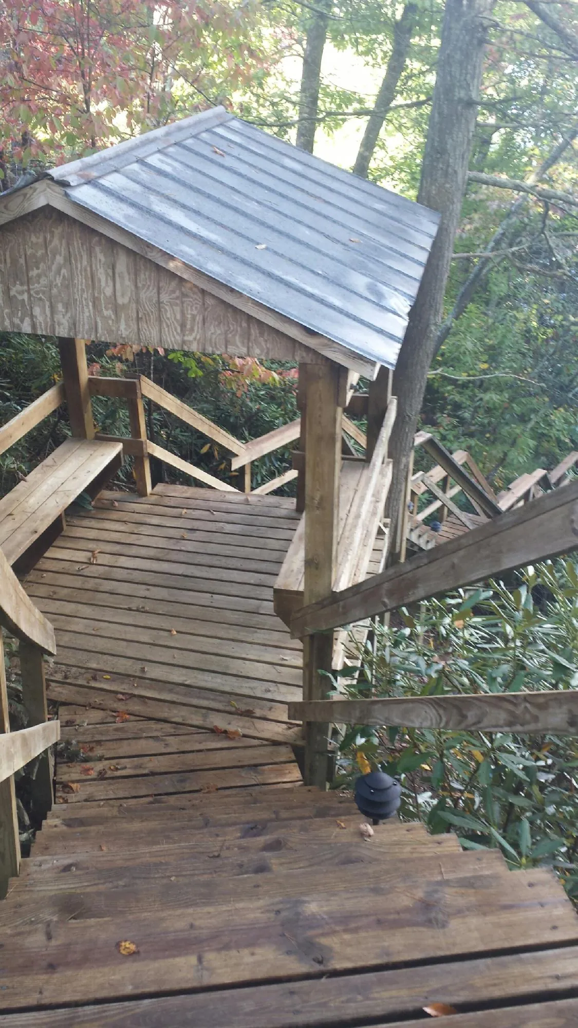 Metal roofed shelter over wooden steps on a wooded walkway — Skylight Repair & Installation work by our crew in Tatum
